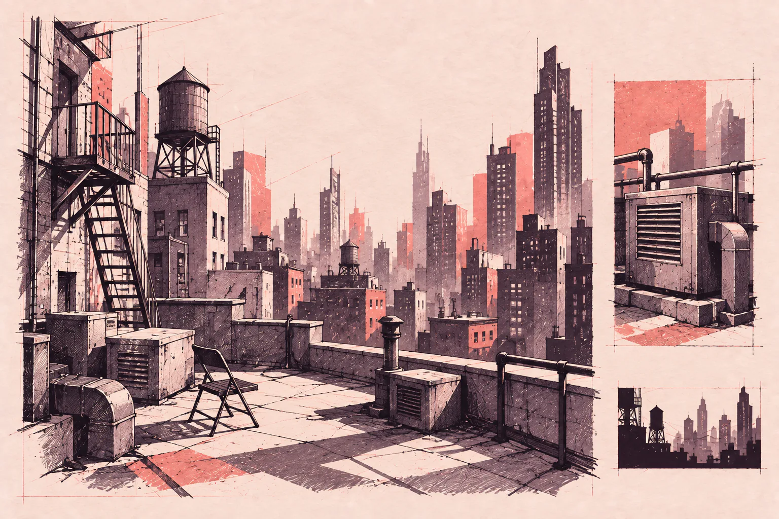 Ink rooftop study with a folding chair, ventilation units and layered city towers.