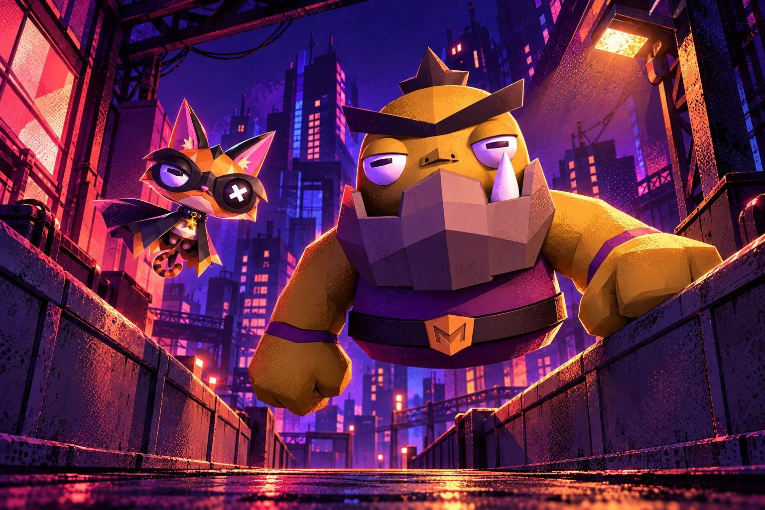 A bulky bearded hero and a goggle-wearing cat block a narrow elevated city walkway.