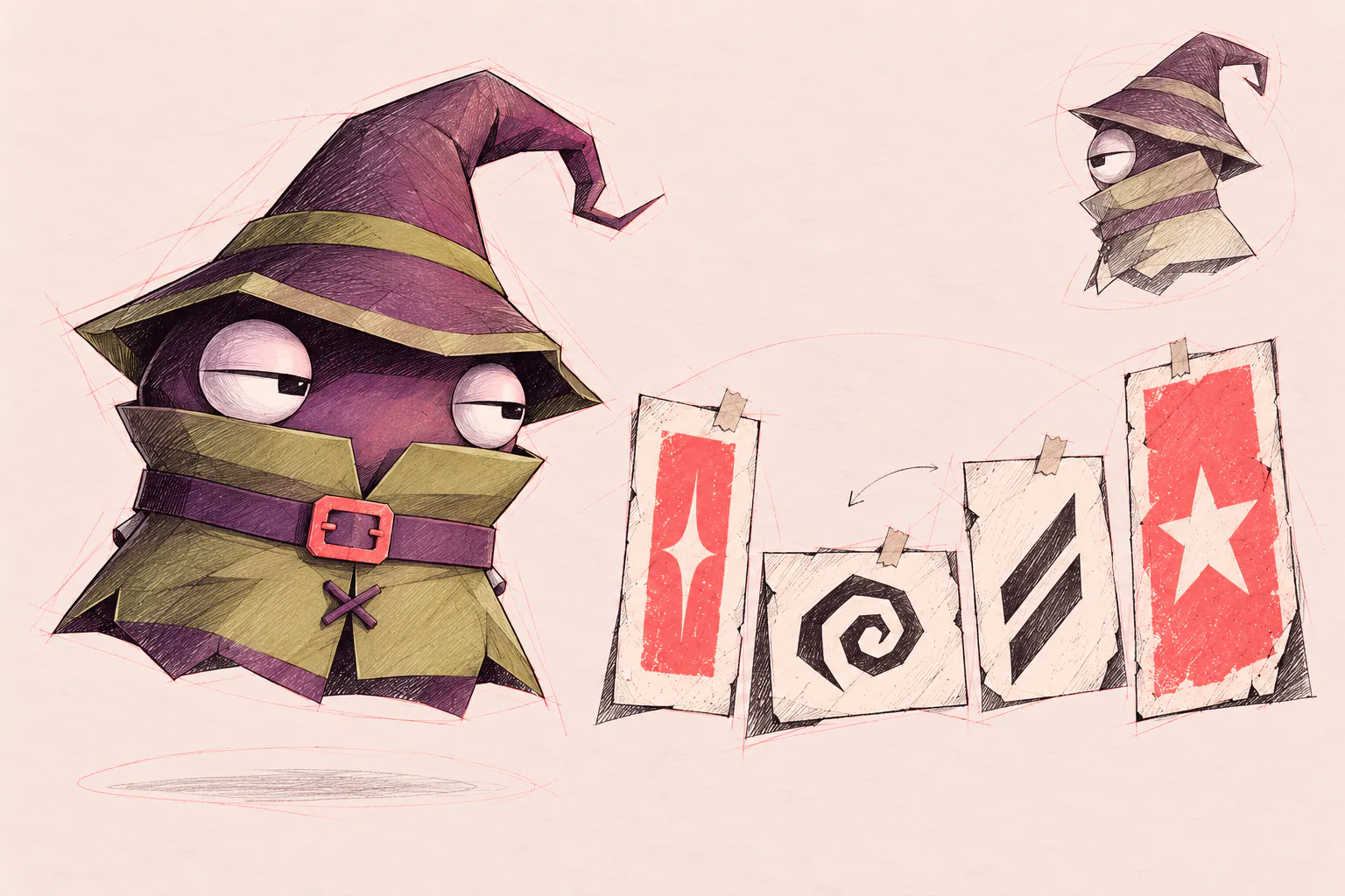 Ink study of Mr. Wizard beside four illustrated item-card concepts.