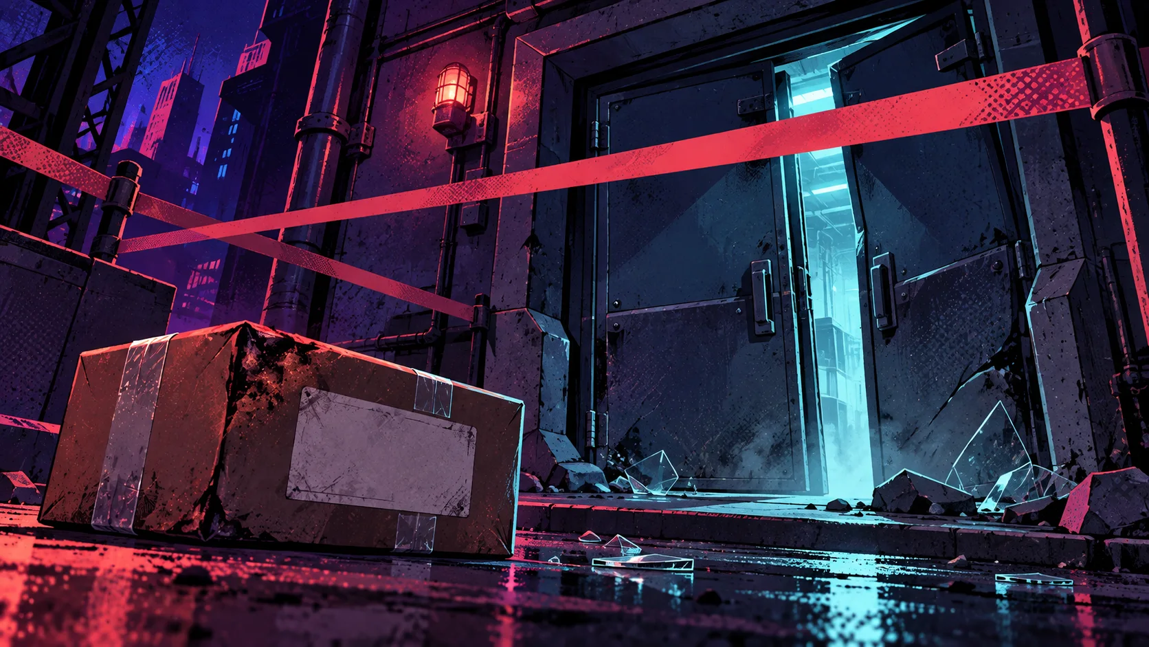A singed delivery parcel lies outside a damaged laboratory door lit by cold blue light.
